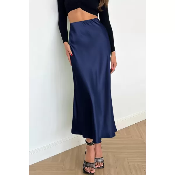 imagePRETTYGARDEN Womens Summer Midi Satin Skirt Dressy Casual High Waisted A Line Flowy Ruffle Elegant Party SkirtsNavy