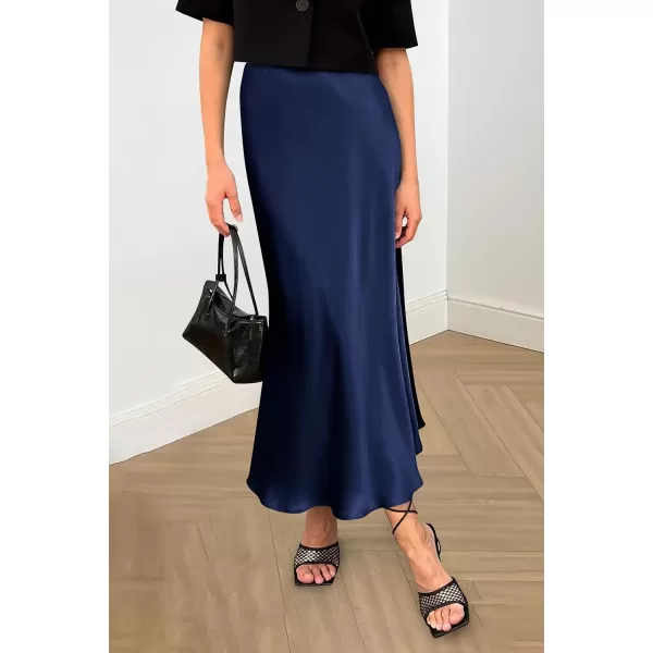 imagePRETTYGARDEN Womens Summer Midi Satin Skirt Dressy Casual High Waisted A Line Flowy Ruffle Elegant Party SkirtsNavy