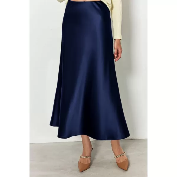 imagePRETTYGARDEN Womens Summer Midi Satin Skirt Dressy Casual High Waisted A Line Flowy Ruffle Elegant Party SkirtsNavy