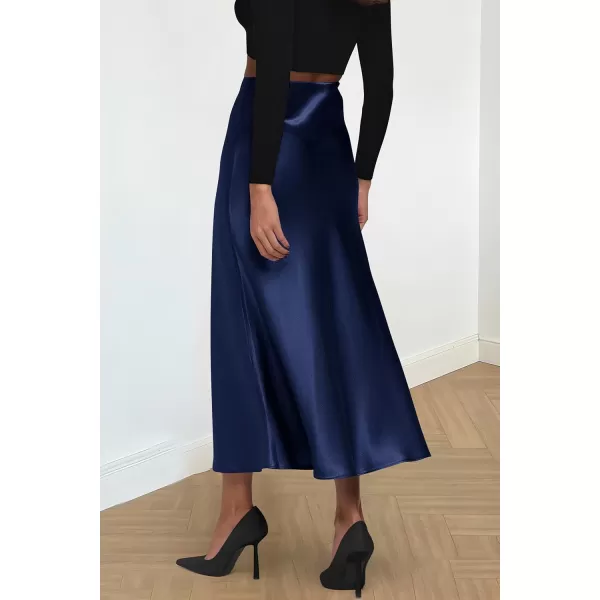 imagePRETTYGARDEN Womens Summer Midi Satin Skirt Dressy Casual High Waisted A Line Flowy Ruffle Elegant Party SkirtsNavy