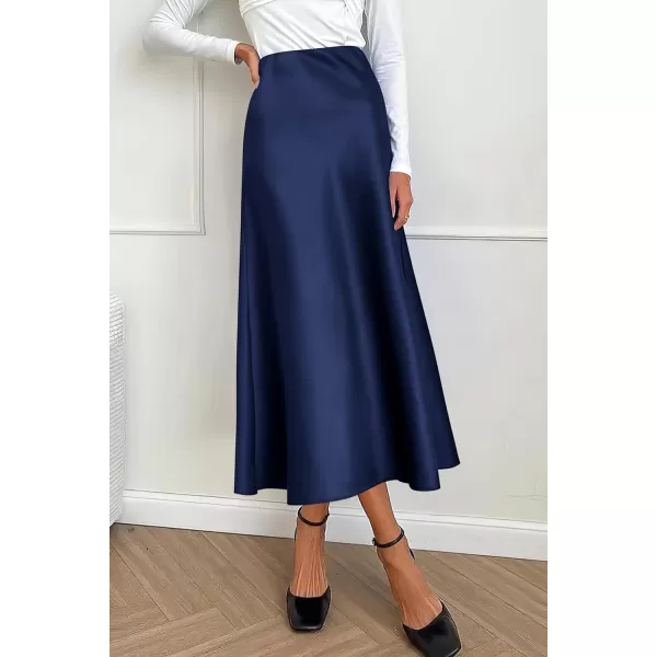 imagePRETTYGARDEN Womens Summer Midi Satin Skirt Dressy Casual High Waisted A Line Flowy Ruffle Elegant Party SkirtsNavy