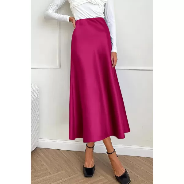 imagePRETTYGARDEN Womens Summer Midi Satin Skirt Dressy Casual High Waisted A Line Flowy Ruffle Elegant Party SkirtsRose Red