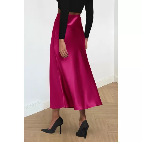 imagePRETTYGARDEN Womens Summer Midi Satin Skirt Dressy Casual High Waisted A Line Flowy Ruffle Elegant Party SkirtsRose Red