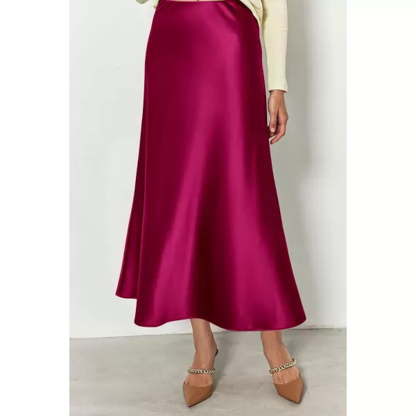 imagePRETTYGARDEN Womens Summer Midi Satin Skirt Dressy Casual High Waisted A Line Flowy Ruffle Elegant Party SkirtsRose Red