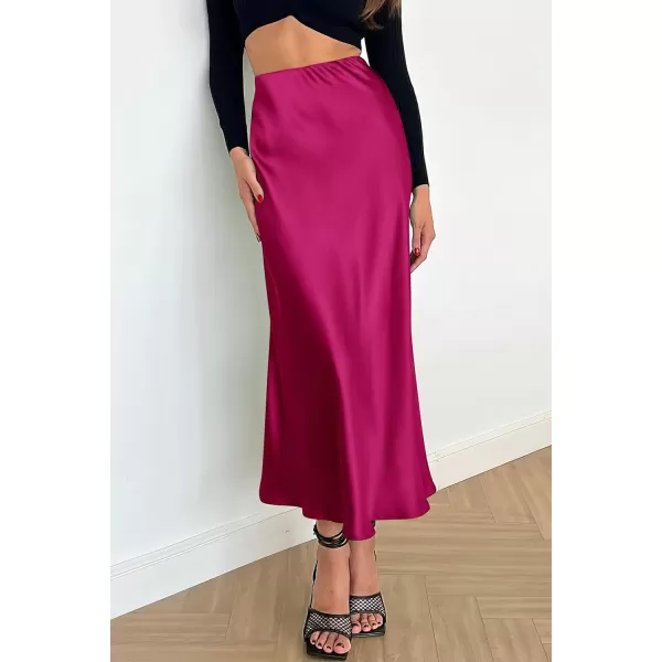 imagePRETTYGARDEN Womens Summer Midi Satin Skirt Dressy Casual High Waisted A Line Flowy Ruffle Elegant Party SkirtsRose Red