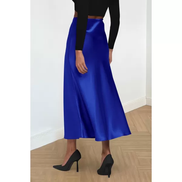 imagePRETTYGARDEN Womens Summer Midi Satin Skirt Dressy Casual High Waisted A Line Flowy Ruffle Elegant Party SkirtsRoyal Blue