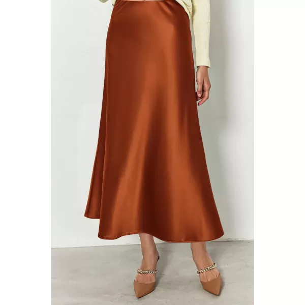 imagePRETTYGARDEN Womens Summer Midi Satin Skirt Dressy Casual High Waisted A Line Flowy Ruffle Elegant Party SkirtsRust Red