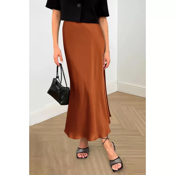 imagePRETTYGARDEN Womens Summer Midi Satin Skirt Dressy Casual High Waisted A Line Flowy Ruffle Elegant Party SkirtsRust Red