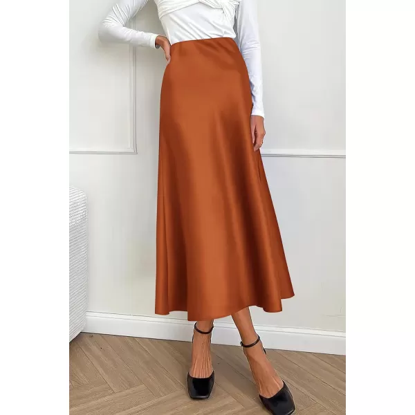 imagePRETTYGARDEN Womens Summer Midi Satin Skirt Dressy Casual High Waisted A Line Flowy Ruffle Elegant Party SkirtsRust Red