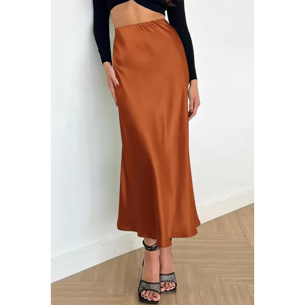 imagePRETTYGARDEN Womens Summer Midi Satin Skirt Dressy Casual High Waisted A Line Flowy Ruffle Elegant Party SkirtsRust Red