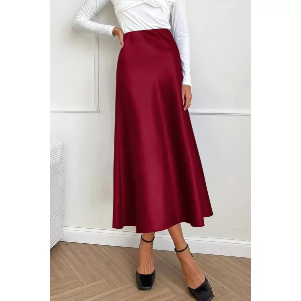 imagePRETTYGARDEN Womens Summer Midi Satin Skirt Dressy Casual High Waisted A Line Flowy Ruffle Elegant Party SkirtsWine Red
