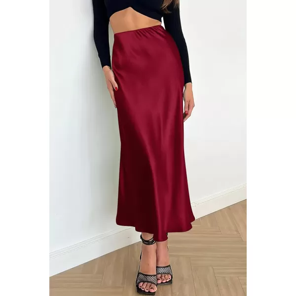imagePRETTYGARDEN Womens Summer Midi Satin Skirt Dressy Casual High Waisted A Line Flowy Ruffle Elegant Party SkirtsWine Red