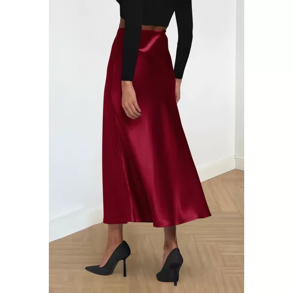 imagePRETTYGARDEN Womens Summer Midi Satin Skirt Dressy Casual High Waisted A Line Flowy Ruffle Elegant Party SkirtsWine Red
