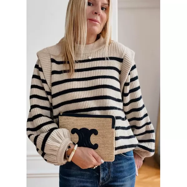 imagePRETTYGARDEN Womens Sweaters Casual Long Lantern Sleeve Crewneck Ribbed Knit Pullover Striped Jumper Tops BlouseBeige Apricot