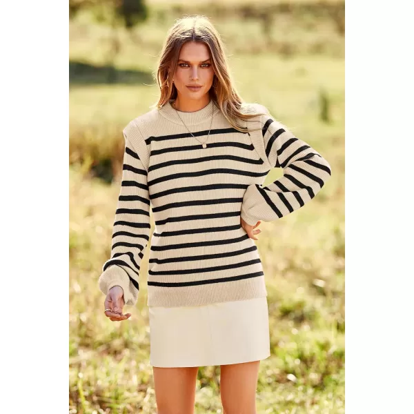 imagePRETTYGARDEN Womens Sweaters Casual Long Lantern Sleeve Crewneck Ribbed Knit Pullover Striped Jumper Tops BlouseBeige Apricot