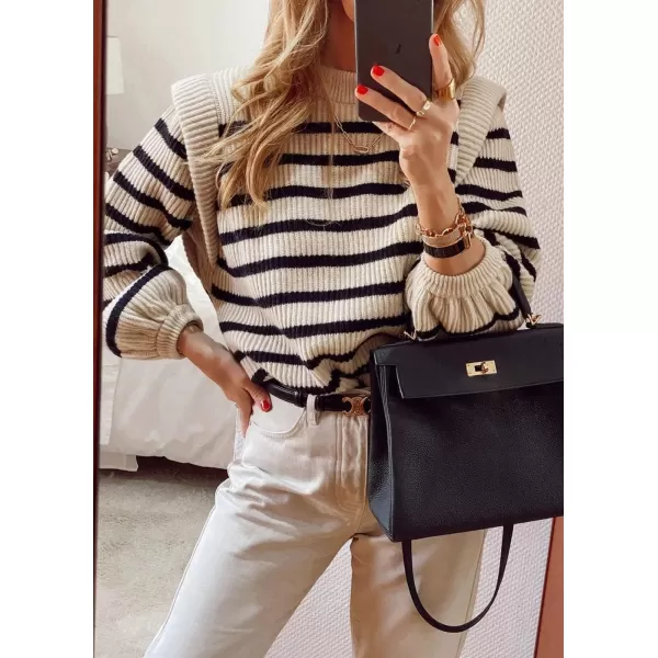 imagePRETTYGARDEN Womens Sweaters Casual Long Lantern Sleeve Crewneck Ribbed Knit Pullover Striped Jumper Tops BlouseBeige Apricot