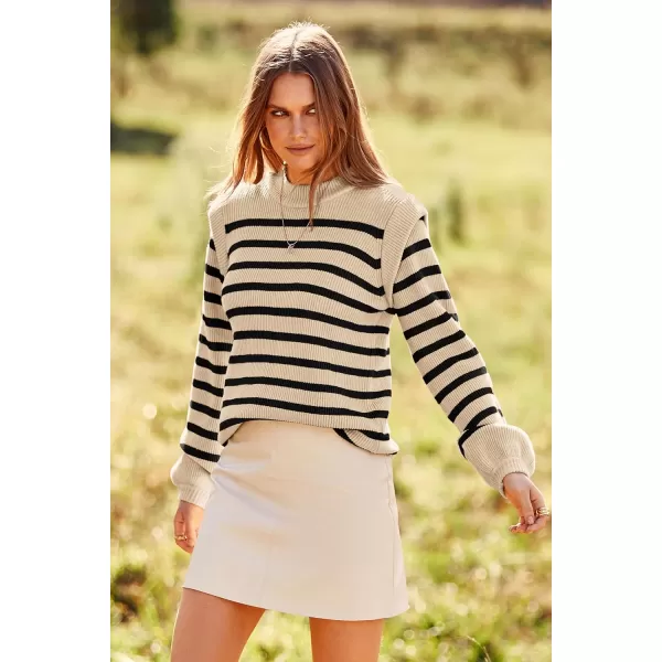 imagePRETTYGARDEN Womens Sweaters Casual Long Lantern Sleeve Crewneck Ribbed Knit Pullover Striped Jumper Tops BlouseBeige Apricot
