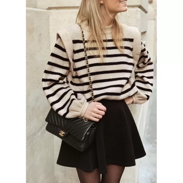 imagePRETTYGARDEN Womens Sweaters Casual Long Lantern Sleeve Crewneck Ribbed Knit Pullover Striped Jumper Tops BlouseBeige Apricot