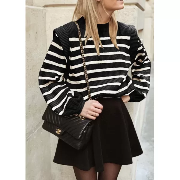 imagePRETTYGARDEN Womens Sweaters Casual Long Lantern Sleeve Crewneck Ribbed Knit Pullover Striped Jumper Tops BlouseBlack