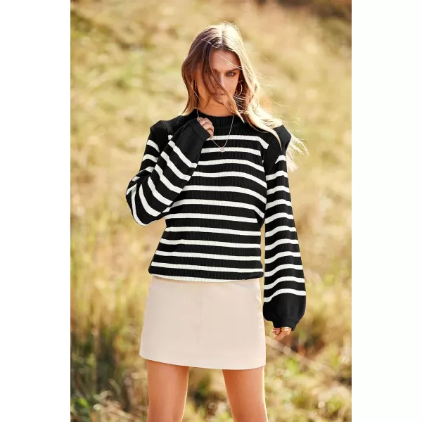 imagePRETTYGARDEN Womens Sweaters Casual Long Lantern Sleeve Crewneck Ribbed Knit Pullover Striped Jumper Tops BlouseBlack