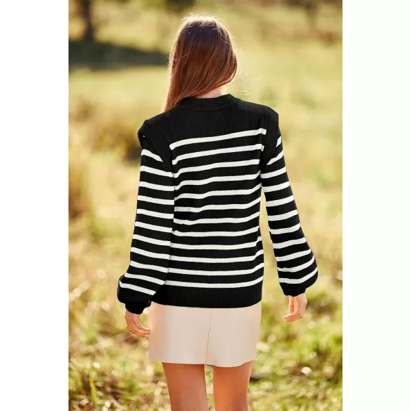 imagePRETTYGARDEN Womens Sweaters Casual Long Lantern Sleeve Crewneck Ribbed Knit Pullover Striped Jumper Tops BlouseBlack