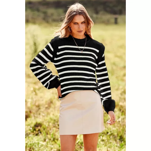 imagePRETTYGARDEN Womens Sweaters Casual Long Lantern Sleeve Crewneck Ribbed Knit Pullover Striped Jumper Tops BlouseBlack