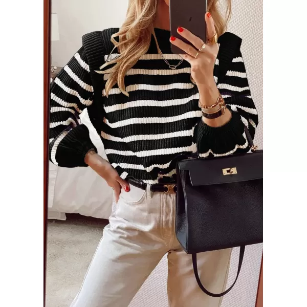 imagePRETTYGARDEN Womens Sweaters Casual Long Lantern Sleeve Crewneck Ribbed Knit Pullover Striped Jumper Tops BlouseBlack