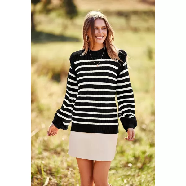 imagePRETTYGARDEN Womens Sweaters Casual Long Lantern Sleeve Crewneck Ribbed Knit Pullover Striped Jumper Tops BlouseBlack