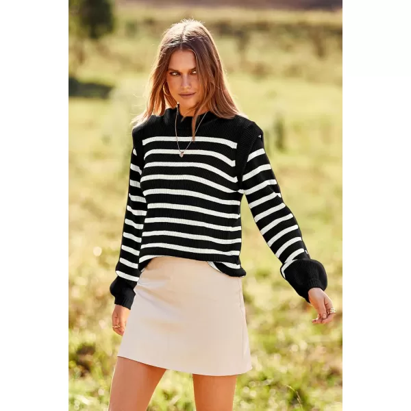 imagePRETTYGARDEN Womens Sweaters Casual Long Lantern Sleeve Crewneck Ribbed Knit Pullover Striped Jumper Tops BlouseBlack