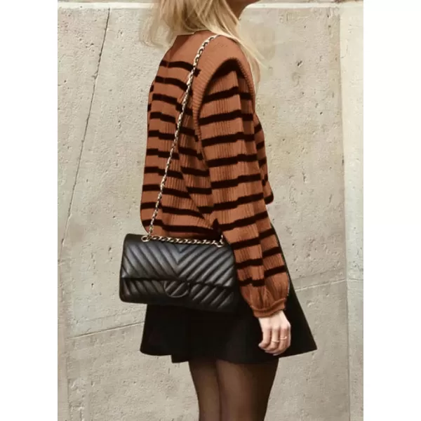 imagePRETTYGARDEN Womens Sweaters Casual Long Lantern Sleeve Crewneck Ribbed Knit Pullover Striped Jumper Tops BlouseBrown