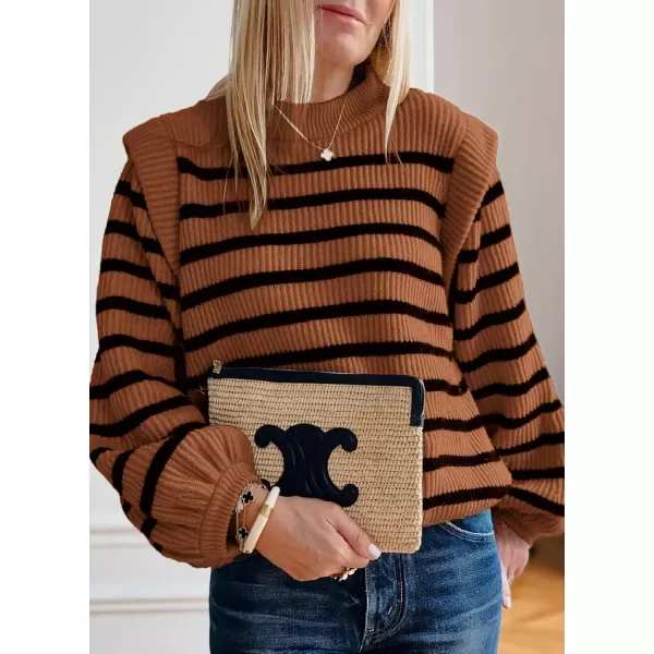 imagePRETTYGARDEN Womens Sweaters Casual Long Lantern Sleeve Crewneck Ribbed Knit Pullover Striped Jumper Tops BlouseBrown