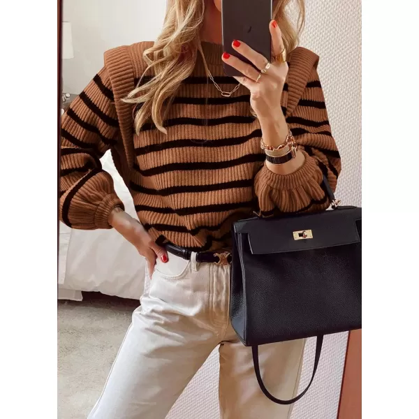 imagePRETTYGARDEN Womens Sweaters Casual Long Lantern Sleeve Crewneck Ribbed Knit Pullover Striped Jumper Tops BlouseBrown