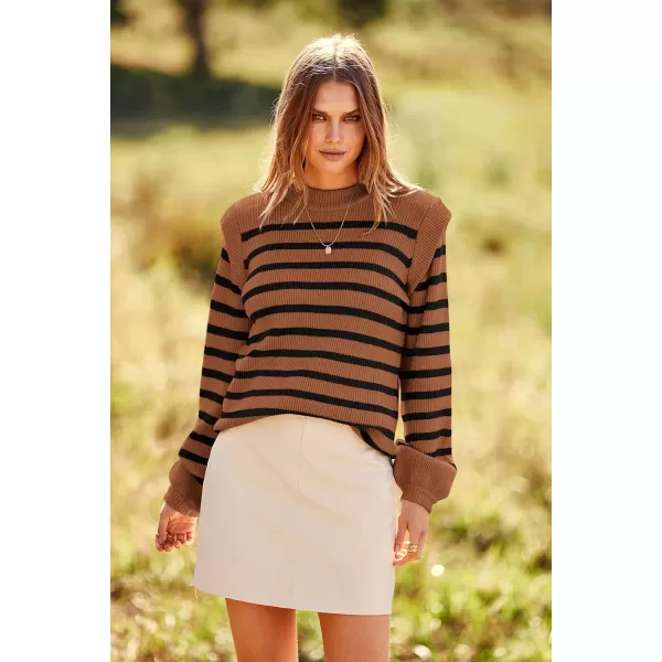 imagePRETTYGARDEN Womens Sweaters Casual Long Lantern Sleeve Crewneck Ribbed Knit Pullover Striped Jumper Tops BlouseBrown