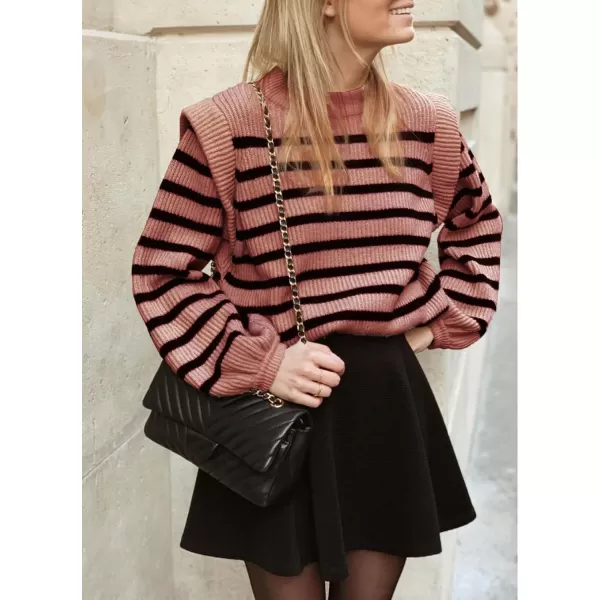 imagePRETTYGARDEN Womens Sweaters Casual Long Lantern Sleeve Crewneck Ribbed Knit Pullover Striped Jumper Tops BlouseNude Pink