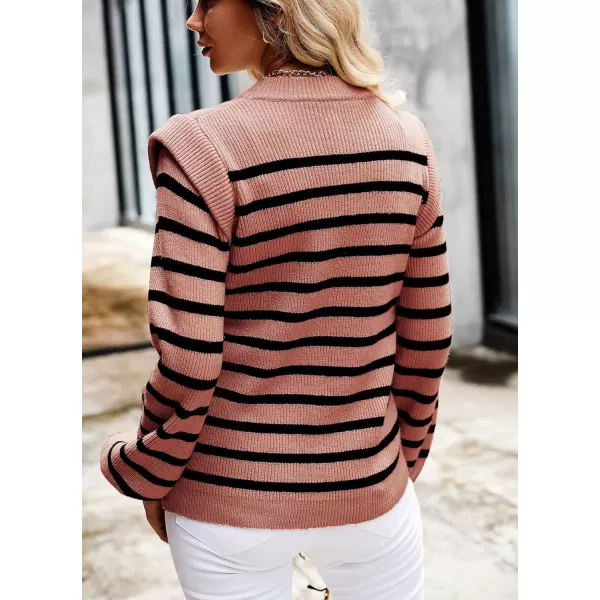 imagePRETTYGARDEN Womens Sweaters Casual Long Lantern Sleeve Crewneck Ribbed Knit Pullover Striped Jumper Tops BlouseNude Pink