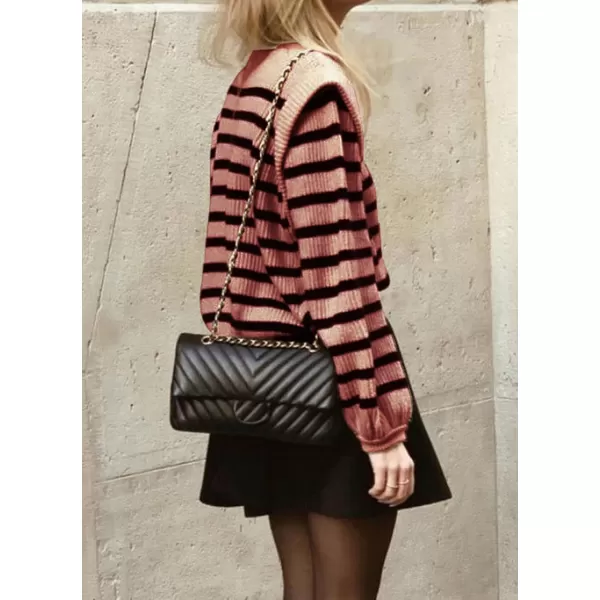 imagePRETTYGARDEN Womens Sweaters Casual Long Lantern Sleeve Crewneck Ribbed Knit Pullover Striped Jumper Tops BlouseNude Pink