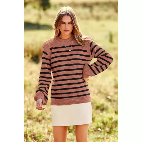 imagePRETTYGARDEN Womens Sweaters Casual Long Lantern Sleeve Crewneck Ribbed Knit Pullover Striped Jumper Tops BlouseNude Pink