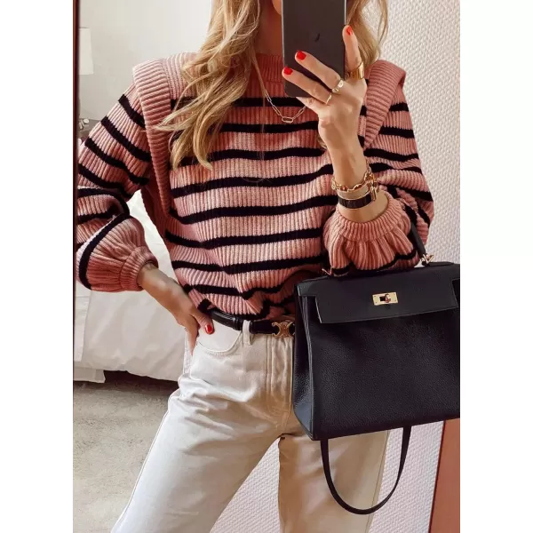 imagePRETTYGARDEN Womens Sweaters Casual Long Lantern Sleeve Crewneck Ribbed Knit Pullover Striped Jumper Tops BlouseNude Pink
