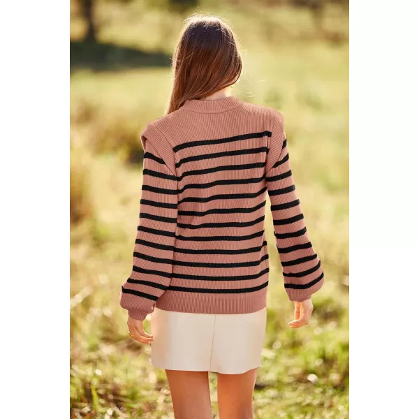 imagePRETTYGARDEN Womens Sweaters Casual Long Lantern Sleeve Crewneck Ribbed Knit Pullover Striped Jumper Tops BlouseNude Pink