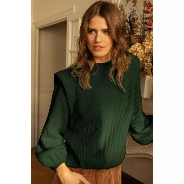 imagePRETTYGARDEN Womens Sweaters Casual Long Lantern Sleeve Crewneck Ribbed Knit Pullover Striped Jumper Tops BlouseSolid Army Green