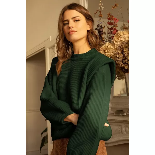 imagePRETTYGARDEN Womens Sweaters Casual Long Lantern Sleeve Crewneck Ribbed Knit Pullover Striped Jumper Tops BlouseSolid Army Green