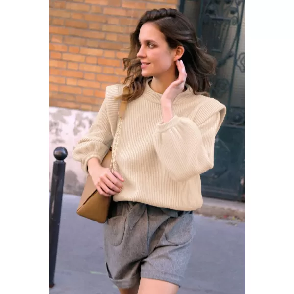 imagePRETTYGARDEN Womens Sweaters Casual Long Lantern Sleeve Crewneck Ribbed Knit Pullover Striped Jumper Tops BlouseSolid Beige Apricot