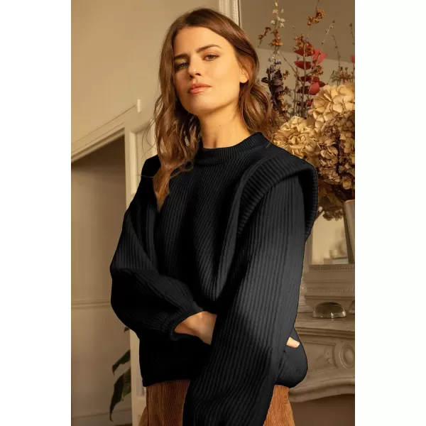 imagePRETTYGARDEN Womens Sweaters Casual Long Lantern Sleeve Crewneck Ribbed Knit Pullover Striped Jumper Tops BlouseSolid Black
