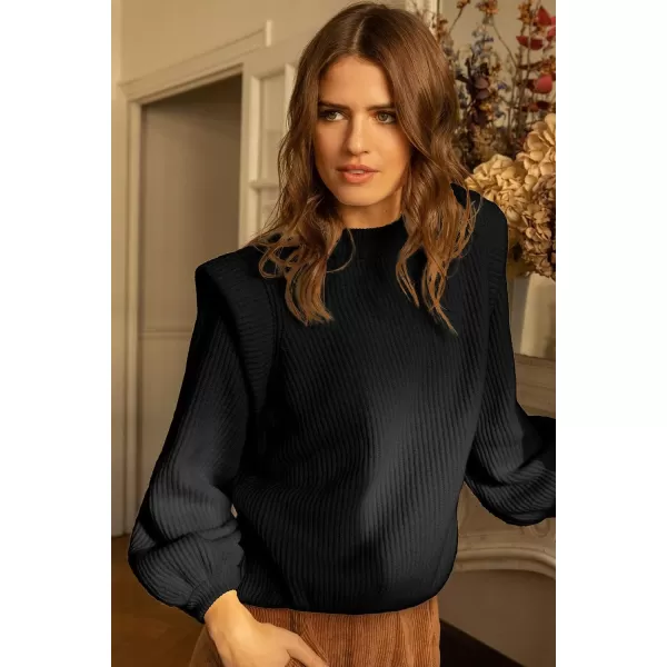 imagePRETTYGARDEN Womens Sweaters Casual Long Lantern Sleeve Crewneck Ribbed Knit Pullover Striped Jumper Tops BlouseSolid Black