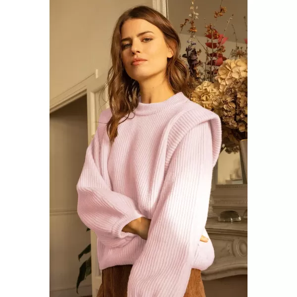 imagePRETTYGARDEN Womens Sweaters Casual Long Lantern Sleeve Crewneck Ribbed Knit Pullover Striped Jumper Tops BlouseSolid Pink
