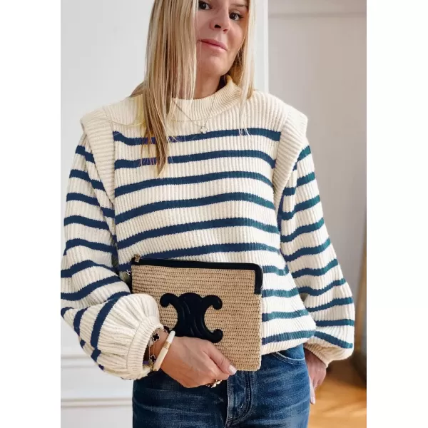 imagePRETTYGARDEN Womens Sweaters Casual Long Lantern Sleeve Crewneck Ribbed Knit Pullover Striped Jumper Tops BlouseStriped Blue