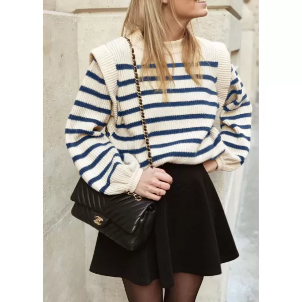 imagePRETTYGARDEN Womens Sweaters Casual Long Lantern Sleeve Crewneck Ribbed Knit Pullover Striped Jumper Tops BlouseStriped Blue