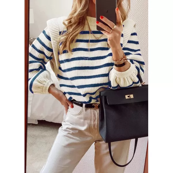 imagePRETTYGARDEN Womens Sweaters Casual Long Lantern Sleeve Crewneck Ribbed Knit Pullover Striped Jumper Tops BlouseStriped Blue