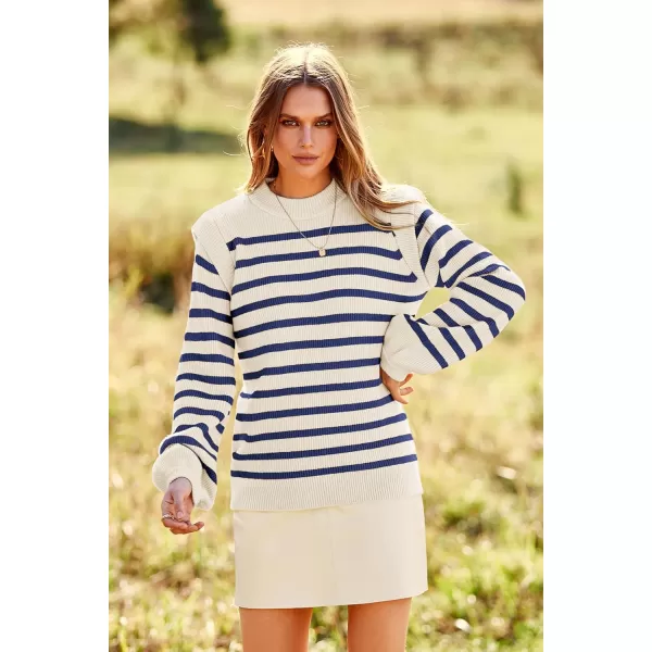 imagePRETTYGARDEN Womens Sweaters Casual Long Lantern Sleeve Crewneck Ribbed Knit Pullover Striped Jumper Tops BlouseStriped Blue