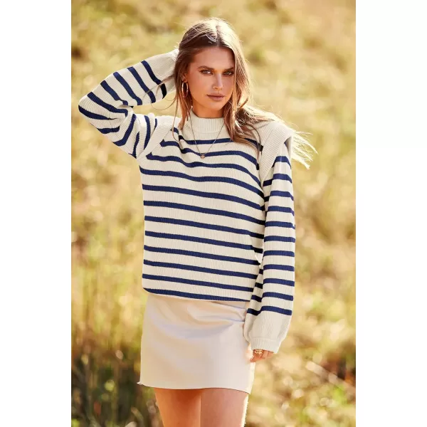 imagePRETTYGARDEN Womens Sweaters Casual Long Lantern Sleeve Crewneck Ribbed Knit Pullover Striped Jumper Tops BlouseStriped Blue